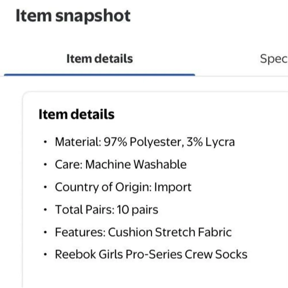 Reebox Girls Crew Socks 10 Pack Size Large (4-10) Shoe Size